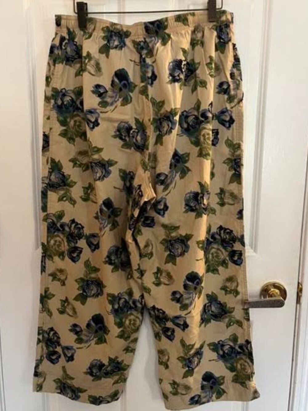 Tan and blue flowered pants, drawstring, cotton, size medium